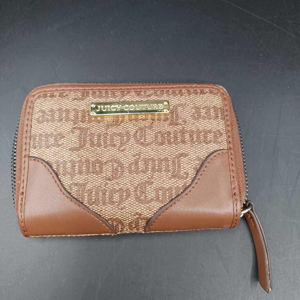 JUICY COUTURE wallet Brown Beige GOLD LOGO,LEATHERETTE CANVAS ZIP AROUND 90s Y2K